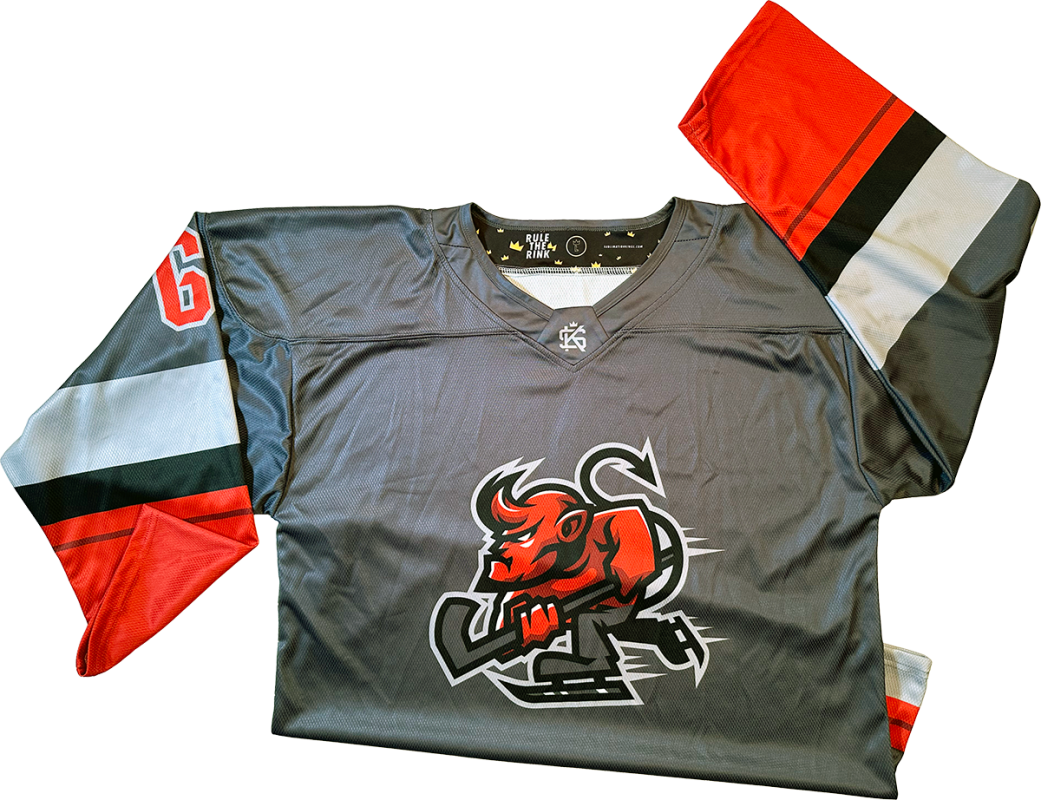 Front view of a gray 'Demonic' dye sublimated pro-style custom hockey jersey