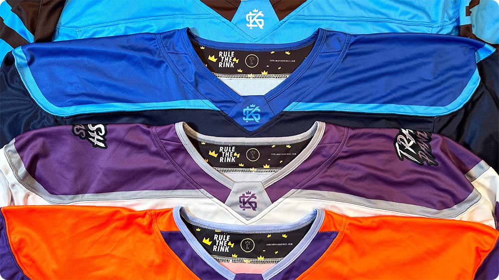 Close-up view of an assortment of our collars for the dye sublimated pro-style custom hockey jersey